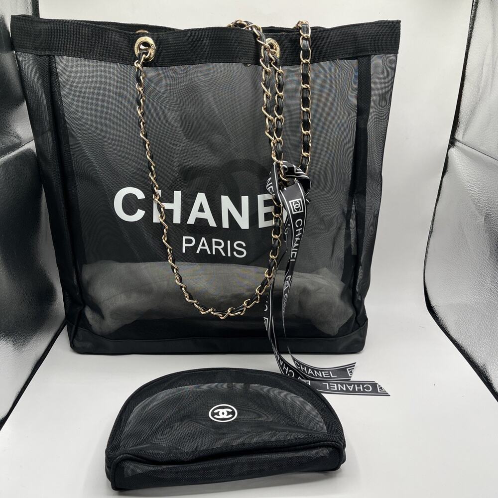 Chanel Beauty Mesh Tote Gold Tone Hardware Mesh Makeup Pouch Black See Through